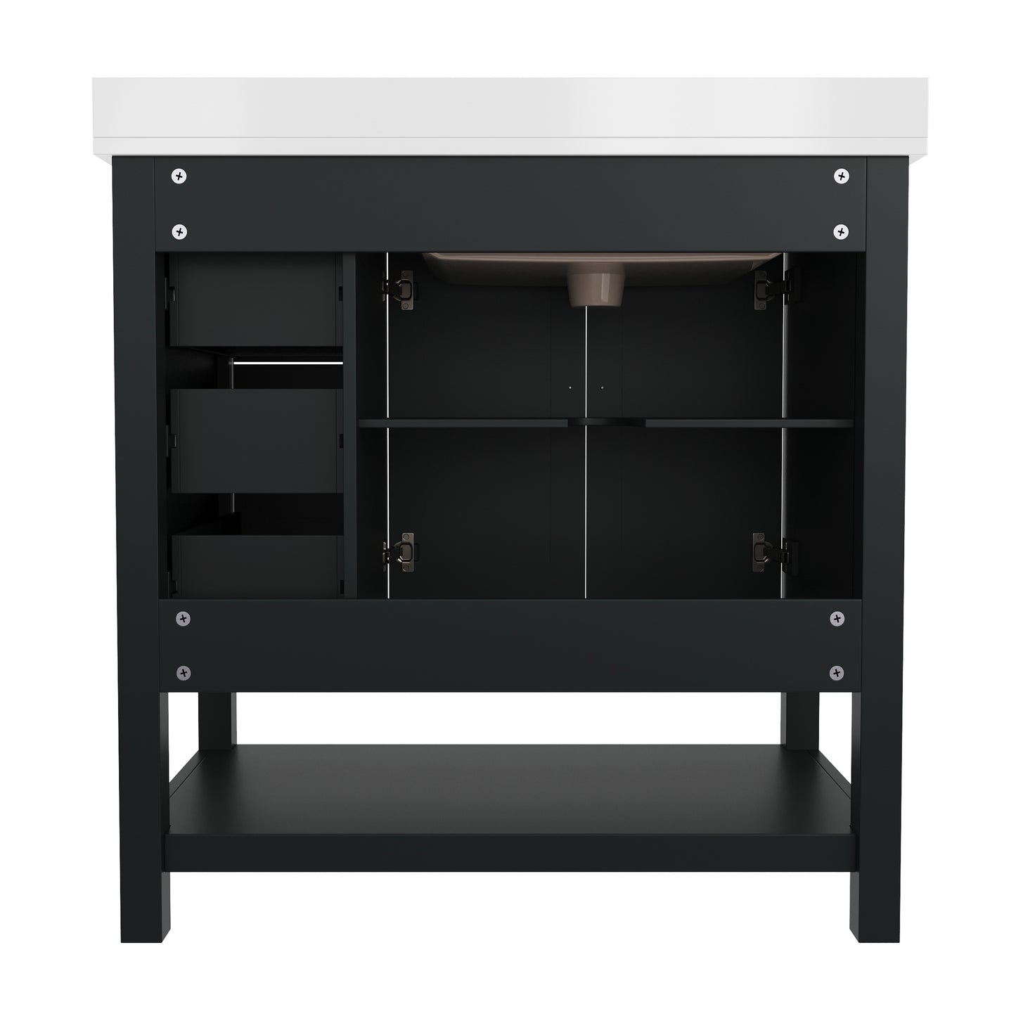 Vega 36 Inch Bathroom Vanity with Sink, Storage Cabinet with Soft Close Doors, Open Shelf and 3 Drawers, Carrara Marble Finish Countertop, Black/Gold