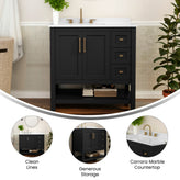 Vega 36 Inch Bathroom Vanity with Sink, Storage Cabinet with Soft Close Doors, Open Shelf and 3 Drawers, Carrara Marble Finish Countertop, Black/Gold