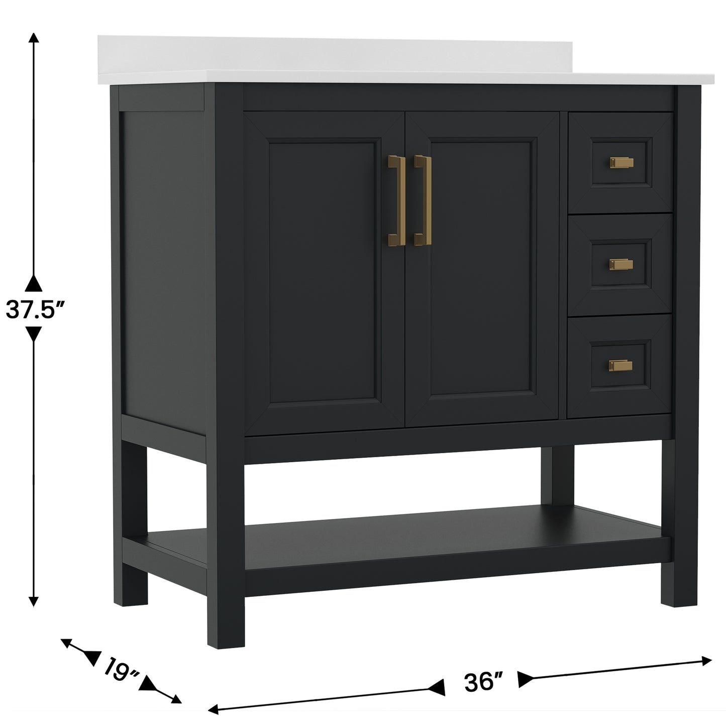 Vega 36 Inch Bathroom Vanity with Sink, Storage Cabinet with Soft Close Doors, Open Shelf and 3 Drawers, Carrara Marble Finish Countertop, Black/Gold