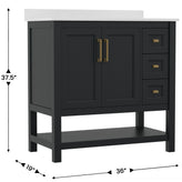 Vega 36 Inch Bathroom Vanity with Sink, Storage Cabinet with Soft Close Doors, Open Shelf and 3 Drawers, Carrara Marble Finish Countertop, Black/Gold