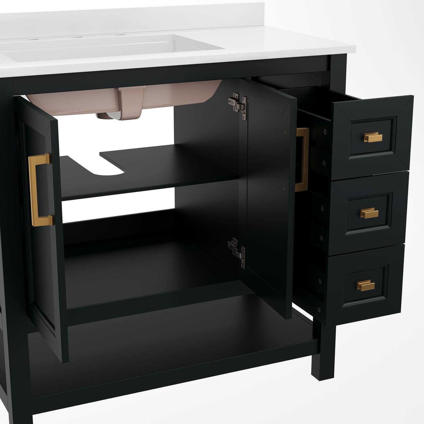 Vega 36 Inch Bathroom Vanity with Sink, Storage Cabinet with Soft Close Doors, Open Shelf and 3 Drawers, Carrara Marble Finish Countertop, Black/Gold