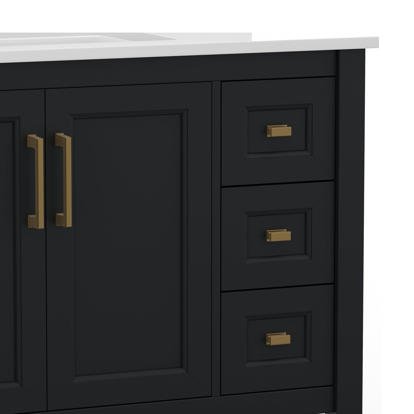 Vega 36 Inch Bathroom Vanity with Sink, Storage Cabinet with Soft Close Doors, Open Shelf and 3 Drawers, Carrara Marble Finish Countertop, Black/Gold