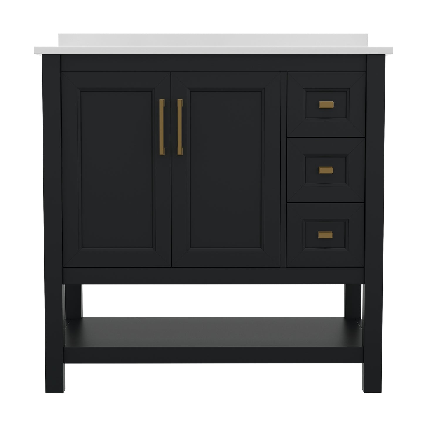 Vega 36 Inch Bathroom Vanity with Sink, Storage Cabinet with Soft Close Doors, Open Shelf and 3 Drawers, Carrara Marble Finish Countertop, Black/Gold