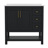 Vega 36 Inch Bathroom Vanity with Sink, Storage Cabinet with Soft Close Doors, Open Shelf and 3 Drawers, Carrara Marble Finish Countertop, Black/Gold