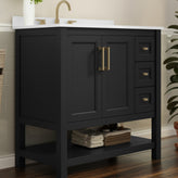 Vega 36 Inch Bathroom Vanity with Sink, Storage Cabinet with Soft Close Doors, Open Shelf and 3 Drawers, Carrara Marble Finish Countertop, Black/Gold