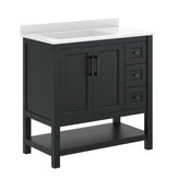Vega 36" Bathroom Vanity with Sink, Cabinet with Black Hardware, Soft Close Doors, Open Shelf & 3 Drawers, Carrara Marble Finish Counter, Black/White