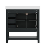 Vega 36" Bathroom Vanity with Sink, Cabinet with Black Hardware, Soft Close Doors, Open Shelf & 3 Drawers, Carrara Marble Finish Counter, Black/White