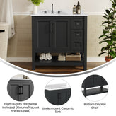 Vega 36" Bathroom Vanity with Sink, Cabinet with Black Hardware, Soft Close Doors, Open Shelf & 3 Drawers, Carrara Marble Finish Counter, Black/White
