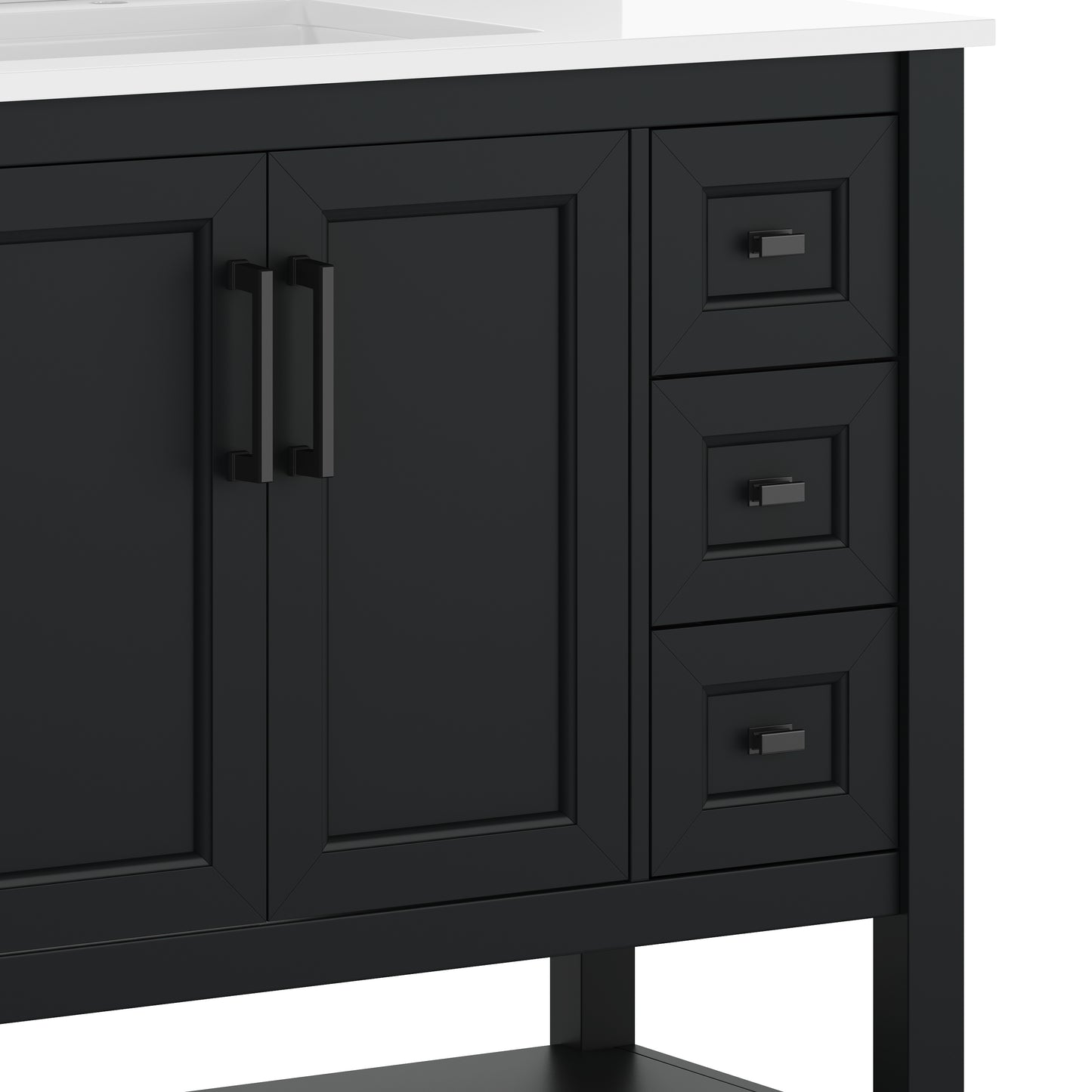 Vega 36" Bathroom Vanity with Sink, Cabinet with Black Hardware, Soft Close Doors, Open Shelf & 3 Drawers, Carrara Marble Finish Counter, Black/White