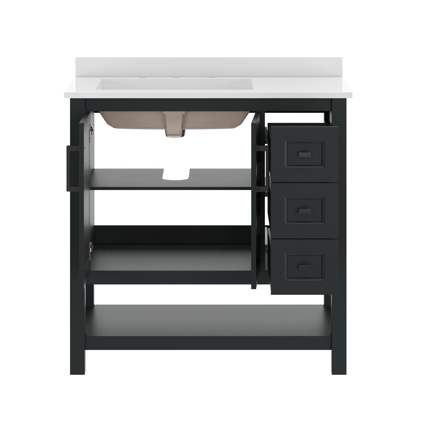 Vega 36" Bathroom Vanity with Sink, Cabinet with Black Hardware, Soft Close Doors, Open Shelf & 3 Drawers, Carrara Marble Finish Counter, Black/White