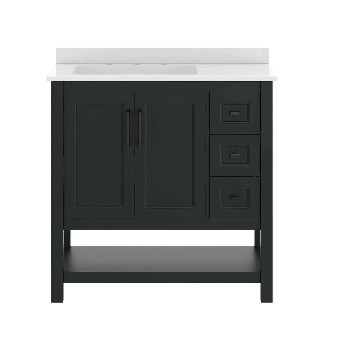 Vega 36" Bathroom Vanity with Sink, Cabinet with Black Hardware, Soft Close Doors, Open Shelf & 3 Drawers, Carrara Marble Finish Counter, Black/White