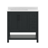 Vega 36" Bathroom Vanity with Sink, Cabinet with Black Hardware, Soft Close Doors, Open Shelf & 3 Drawers, Carrara Marble Finish Counter, Black/White