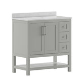 Vega 36 Inch Bathroom Vanity with Sink, Storage Cabinet with Soft Close Doors, Open Shelf and 3 Drawers, Carrara Marble Finish Countertop, Gray/White
