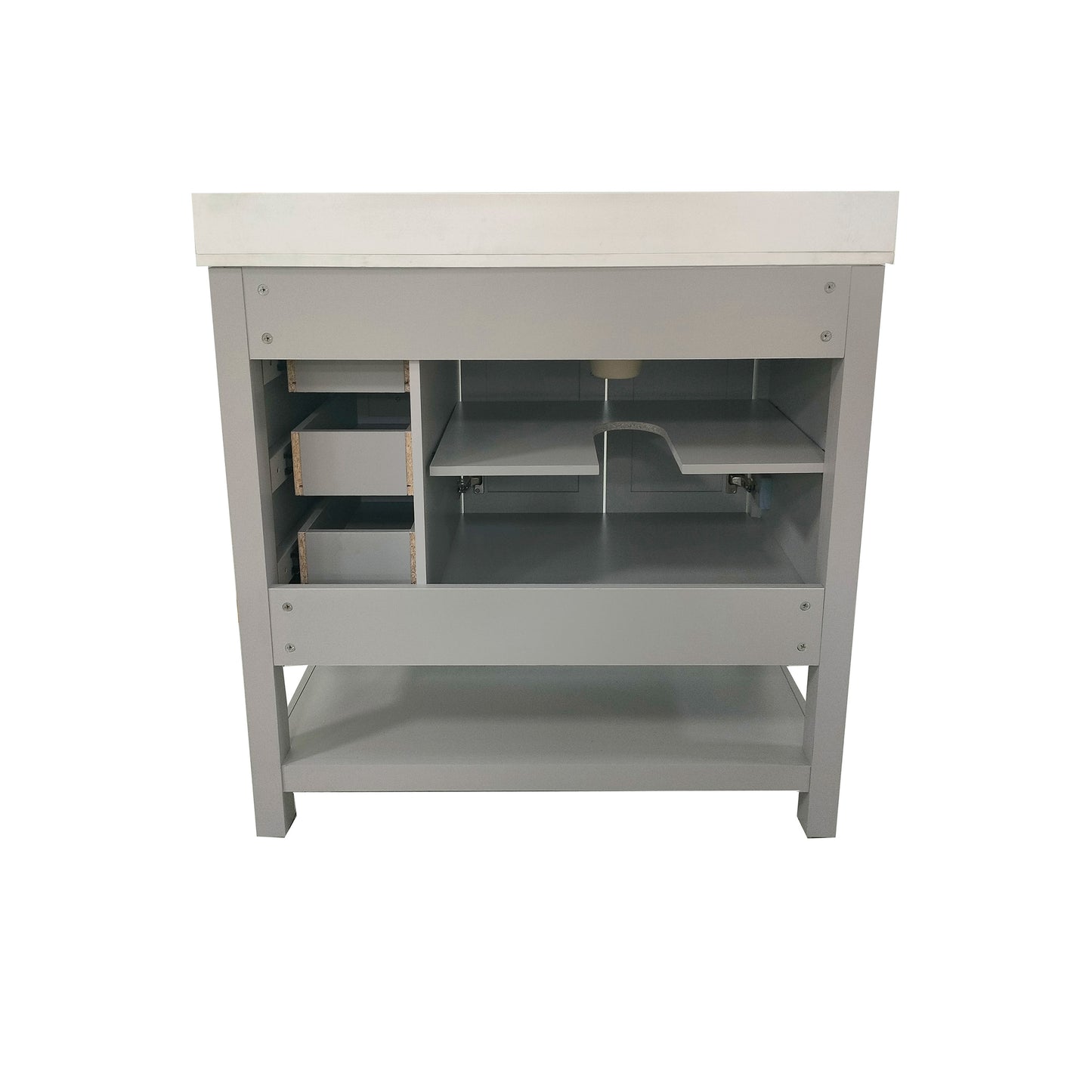 Vega 36 Inch Bathroom Vanity with Sink, Storage Cabinet with Soft Close Doors, Open Shelf and 3 Drawers, Carrara Marble Finish Countertop, Gray/White