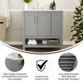 Vega 36 Inch Bathroom Vanity with Sink, Storage Cabinet with Soft Close Doors, Open Shelf and 3 Drawers, Carrara Marble Finish Countertop, Gray/White
