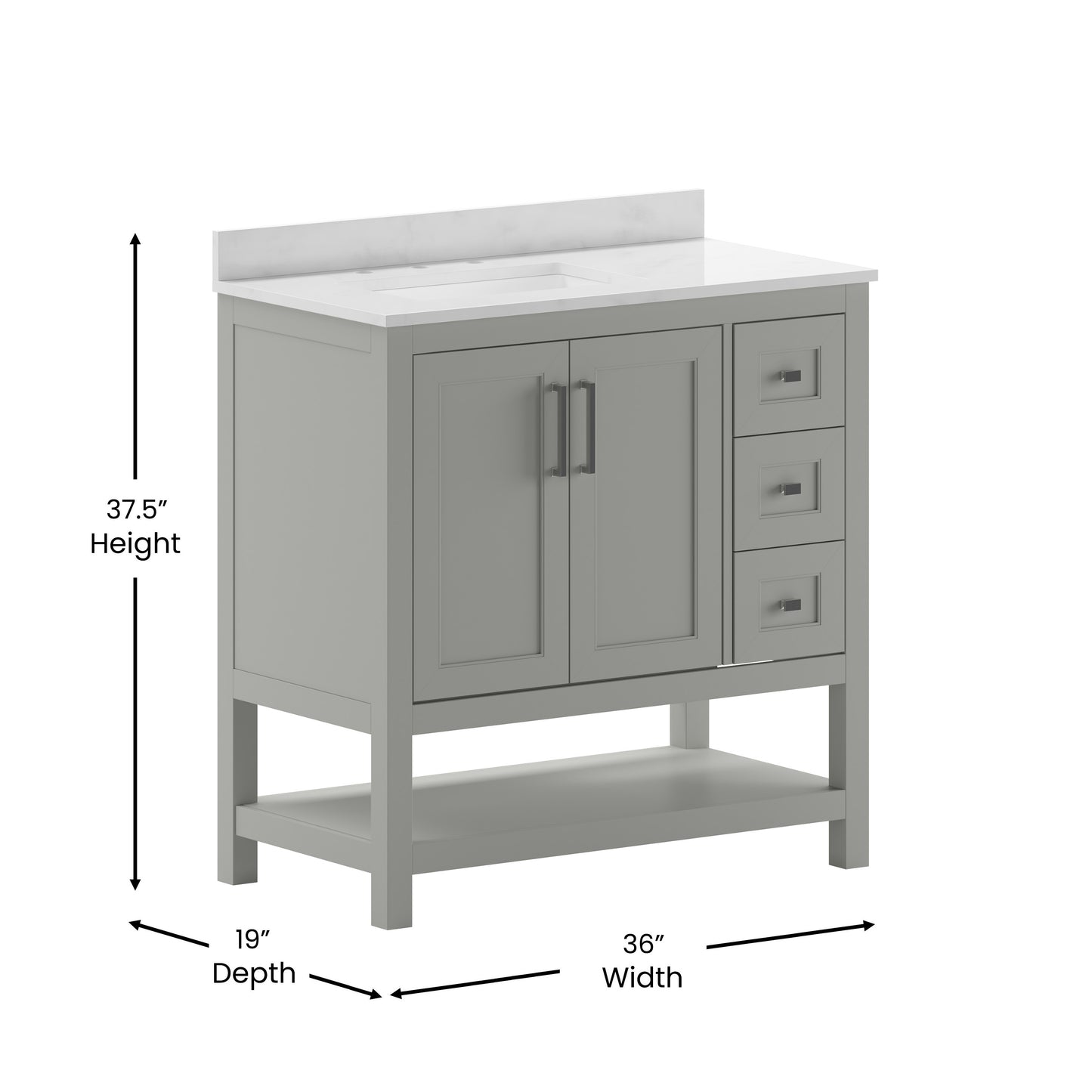 Vega 36 Inch Bathroom Vanity with Sink, Storage Cabinet with Soft Close Doors, Open Shelf and 3 Drawers, Carrara Marble Finish Countertop, Gray/White