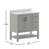 Vega 36 Inch Bathroom Vanity with Sink, Storage Cabinet with Soft Close Doors, Open Shelf and 3 Drawers, Carrara Marble Finish Countertop, Gray/White