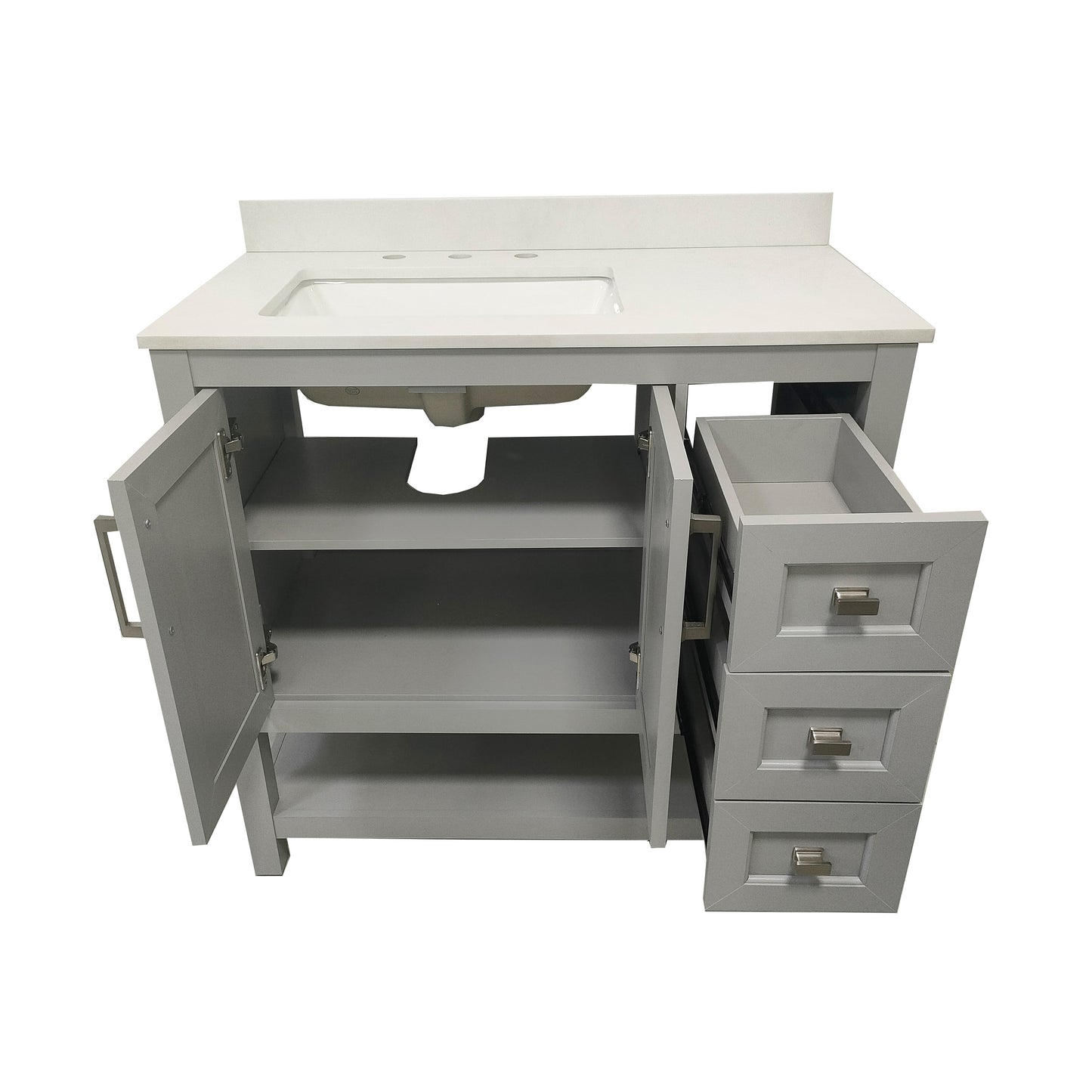 Vega 36 Inch Bathroom Vanity with Sink, Storage Cabinet with Soft Close Doors, Open Shelf and 3 Drawers, Carrara Marble Finish Countertop, Gray/White