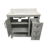Vega 36 Inch Bathroom Vanity with Sink, Storage Cabinet with Soft Close Doors, Open Shelf and 3 Drawers, Carrara Marble Finish Countertop, Gray/White