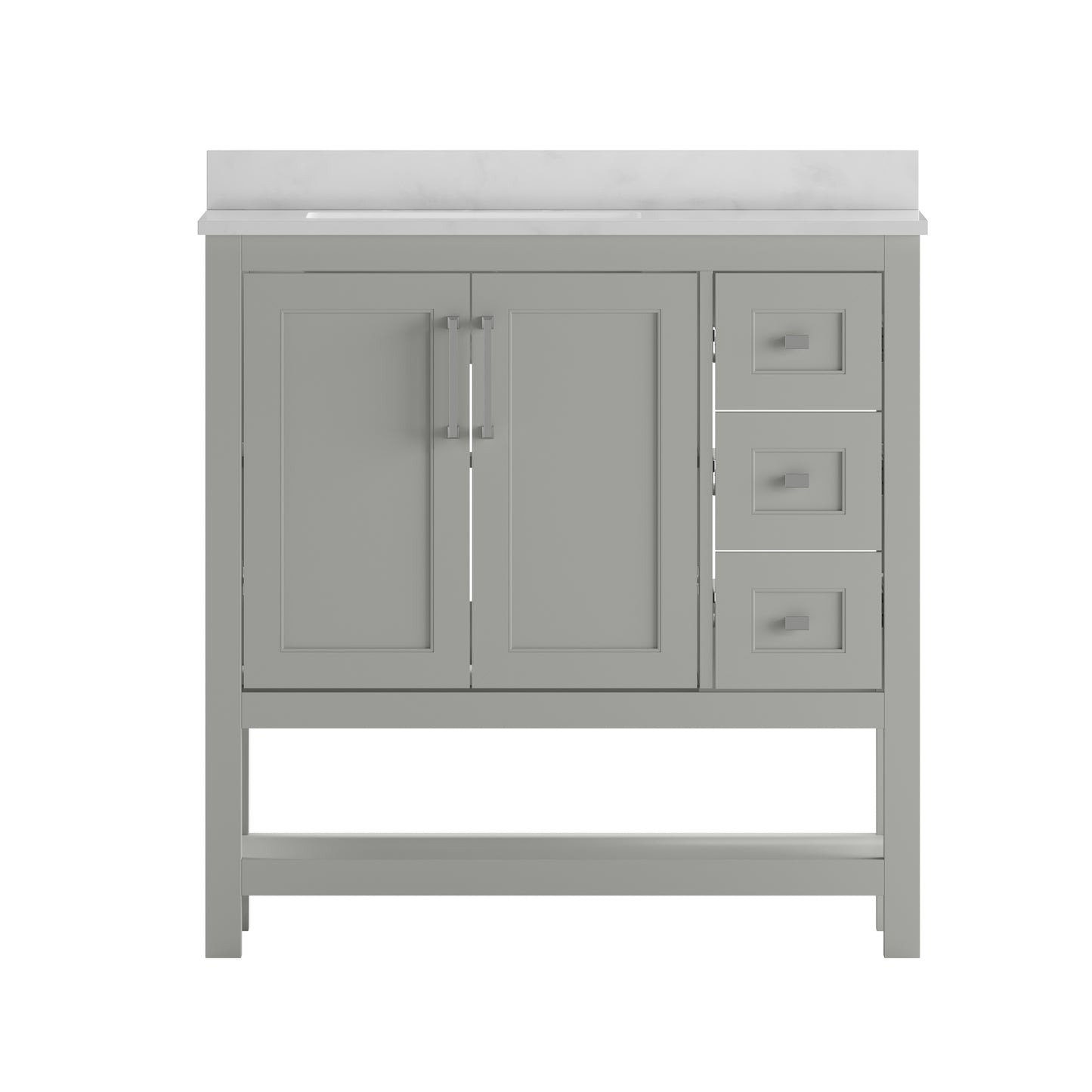 Vega 36 Inch Bathroom Vanity with Sink, Storage Cabinet with Soft Close Doors, Open Shelf and 3 Drawers, Carrara Marble Finish Countertop, Gray/White
