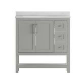 Vega 36 Inch Bathroom Vanity with Sink, Storage Cabinet with Soft Close Doors, Open Shelf and 3 Drawers, Carrara Marble Finish Countertop, Gray/White