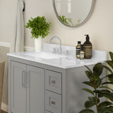 Vega 36 Inch Bathroom Vanity with Sink, Storage Cabinet with Soft Close Doors, Open Shelf and 3 Drawers, Carrara Marble Finish Countertop, Gray/White