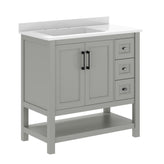 Vega 36" Bathroom Vanity with Sink, Cabinet with Black Hardware, Soft Close Doors, Open Shelf & 3 Drawers, Carrara Marble Finish Counter, Gray/White