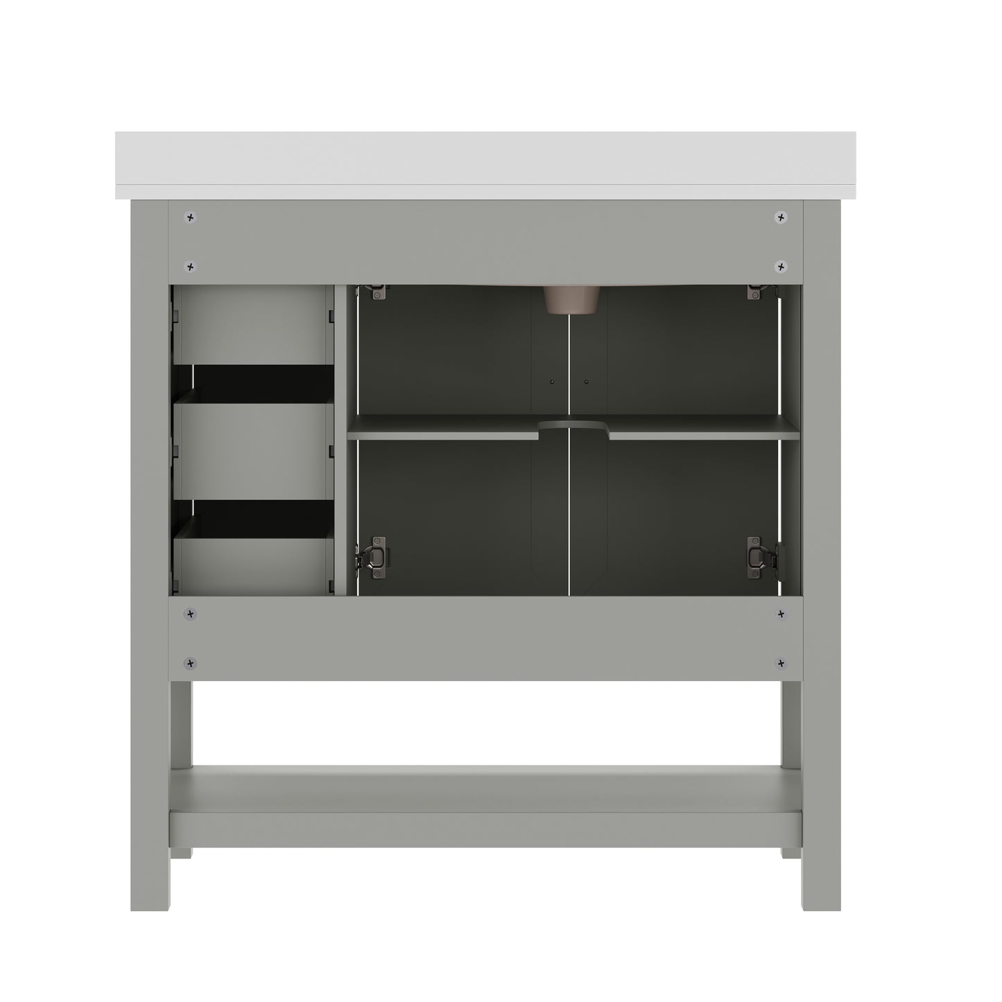 Vega 36" Bathroom Vanity with Sink, Cabinet with Black Hardware, Soft Close Doors, Open Shelf & 3 Drawers, Carrara Marble Finish Counter, Gray/White