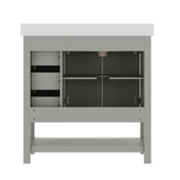 Vega 36" Bathroom Vanity with Sink, Cabinet with Black Hardware, Soft Close Doors, Open Shelf & 3 Drawers, Carrara Marble Finish Counter, Gray/White