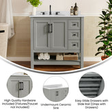 Vega 36" Bathroom Vanity with Sink, Cabinet with Black Hardware, Soft Close Doors, Open Shelf & 3 Drawers, Carrara Marble Finish Counter, Gray/White