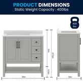 Vega 36" Bathroom Vanity with Sink, Cabinet with Black Hardware, Soft Close Doors, Open Shelf & 3 Drawers, Carrara Marble Finish Counter, Gray/White