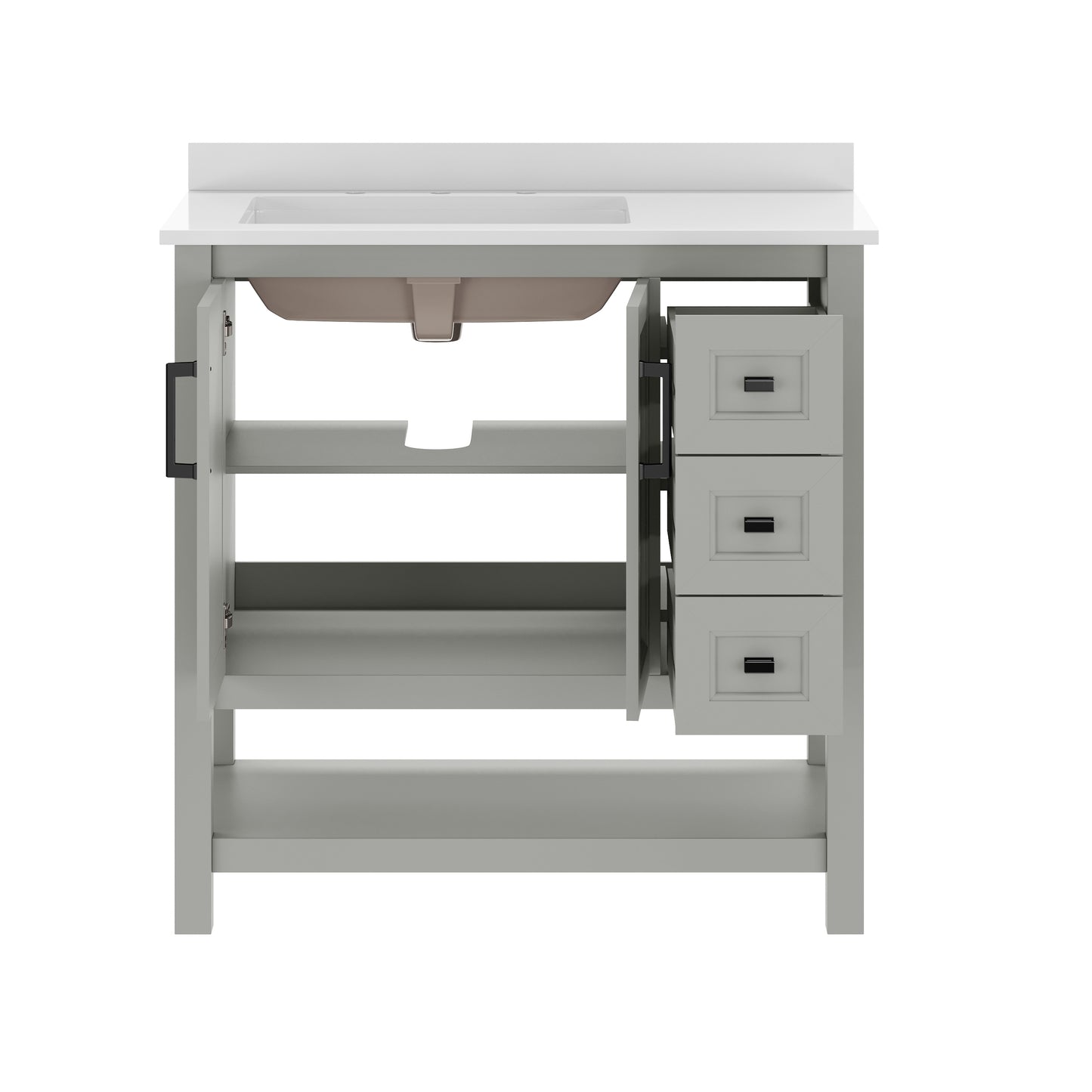 Vega 36" Bathroom Vanity with Sink, Cabinet with Black Hardware, Soft Close Doors, Open Shelf & 3 Drawers, Carrara Marble Finish Counter, Gray/White