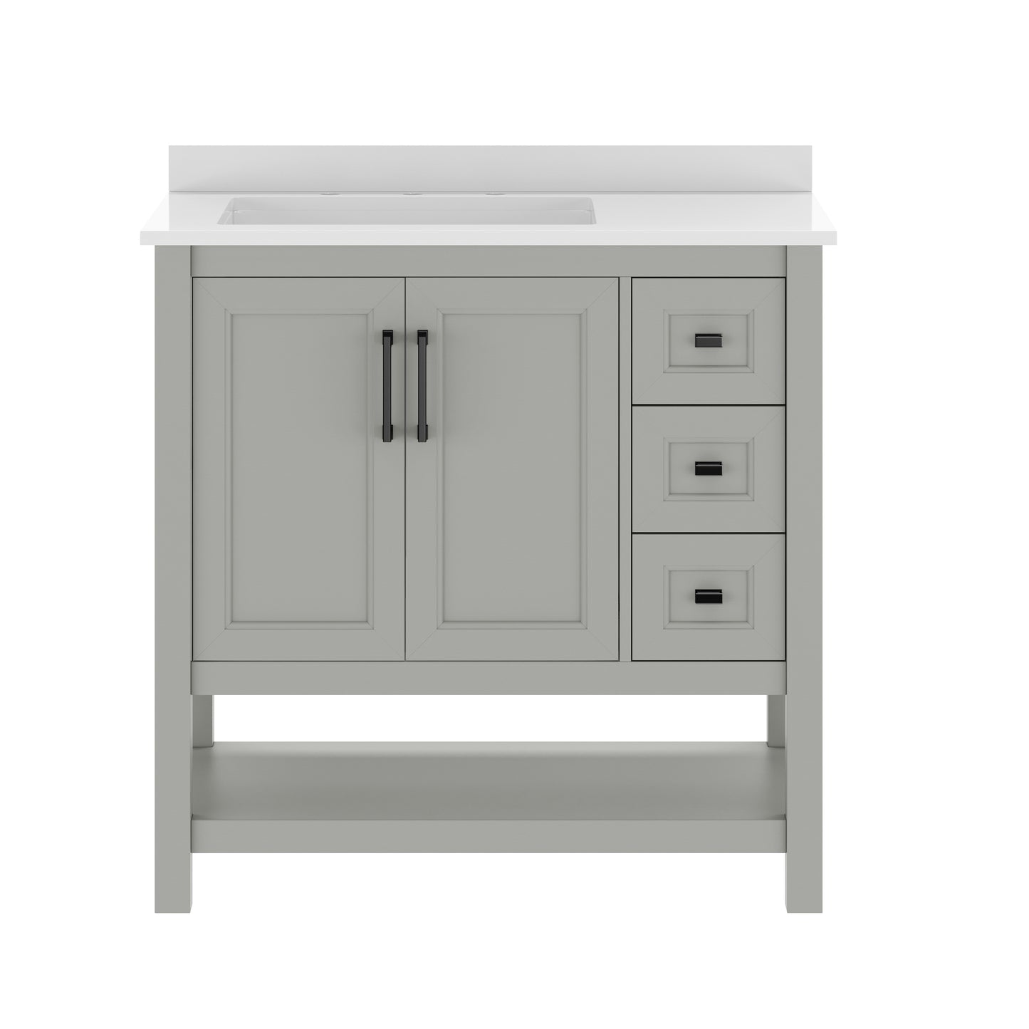 Vega 36" Bathroom Vanity with Sink, Cabinet with Black Hardware, Soft Close Doors, Open Shelf & 3 Drawers, Carrara Marble Finish Counter, Gray/White