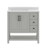 Vega 36" Bathroom Vanity with Sink, Cabinet with Black Hardware, Soft Close Doors, Open Shelf & 3 Drawers, Carrara Marble Finish Counter, Gray/White
