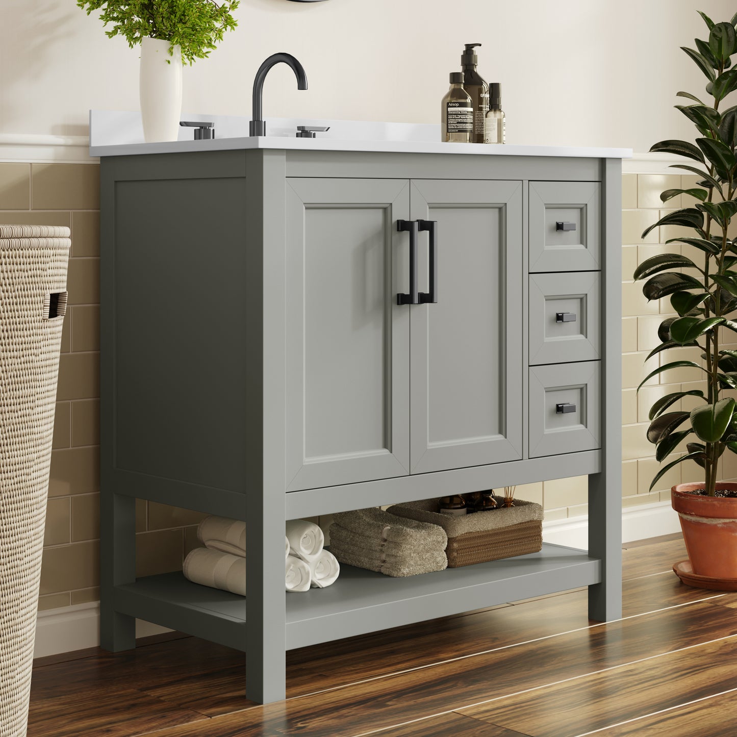 Vega 36" Bathroom Vanity with Sink, Cabinet with Black Hardware, Soft Close Doors, Open Shelf & 3 Drawers, Carrara Marble Finish Counter, Gray/White