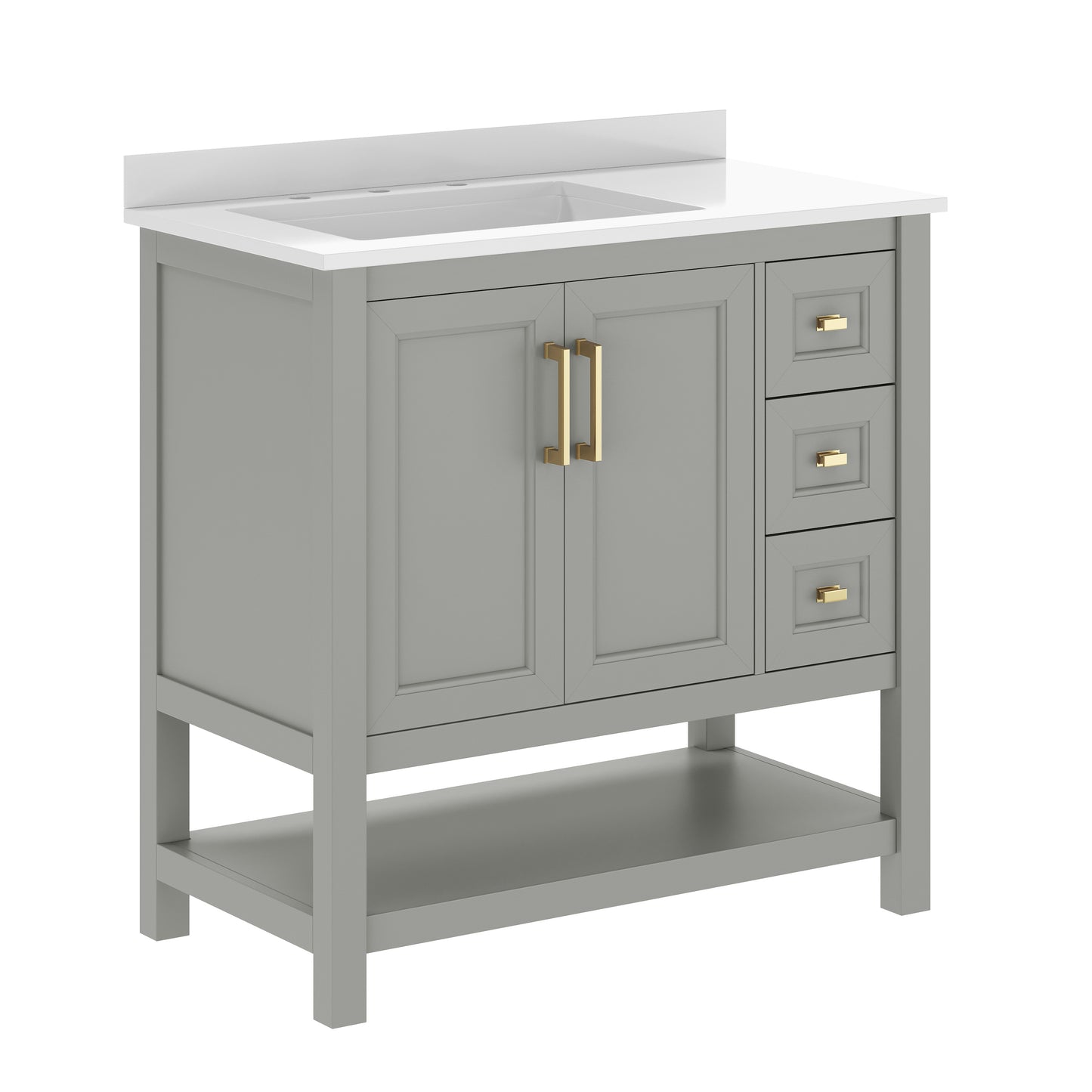 Vega 36" Bathroom Vanity with Sink, Cabinet with Gold Hardware, Soft Close Doors, Open Shelf & 3 Drawers, Carrara Marble Finish Counter, Gray/White