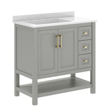 Vega 36" Bathroom Vanity with Sink, Cabinet with Gold Hardware, Soft Close Doors, Open Shelf & 3 Drawers, Carrara Marble Finish Counter, Gray/White