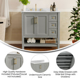 Vega 36" Bathroom Vanity with Sink, Cabinet with Gold Hardware, Soft Close Doors, Open Shelf & 3 Drawers, Carrara Marble Finish Counter, Gray/White
