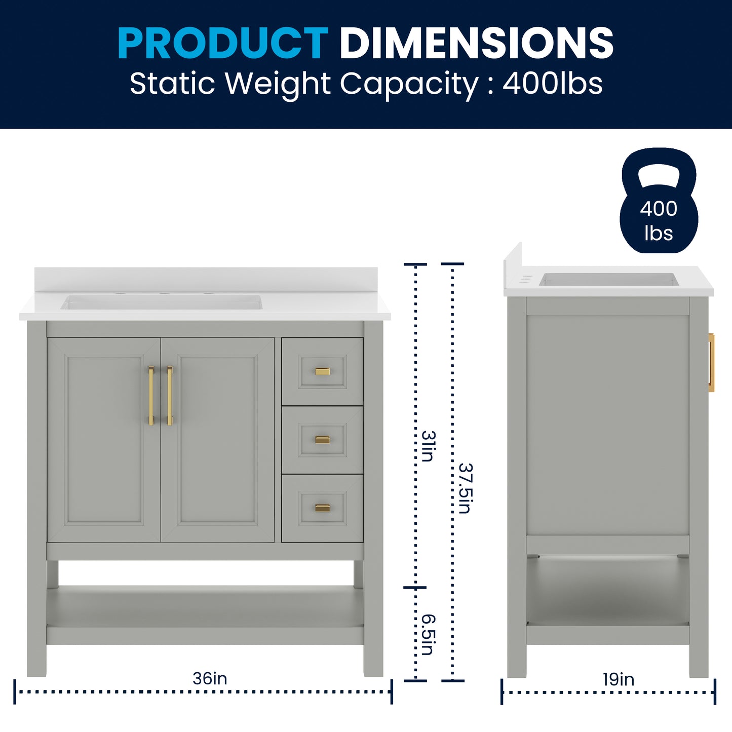Vega 36" Bathroom Vanity with Sink, Cabinet with Gold Hardware, Soft Close Doors, Open Shelf & 3 Drawers, Carrara Marble Finish Counter, Gray/White