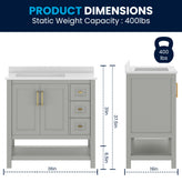 Vega 36" Bathroom Vanity with Sink, Cabinet with Gold Hardware, Soft Close Doors, Open Shelf & 3 Drawers, Carrara Marble Finish Counter, Gray/White
