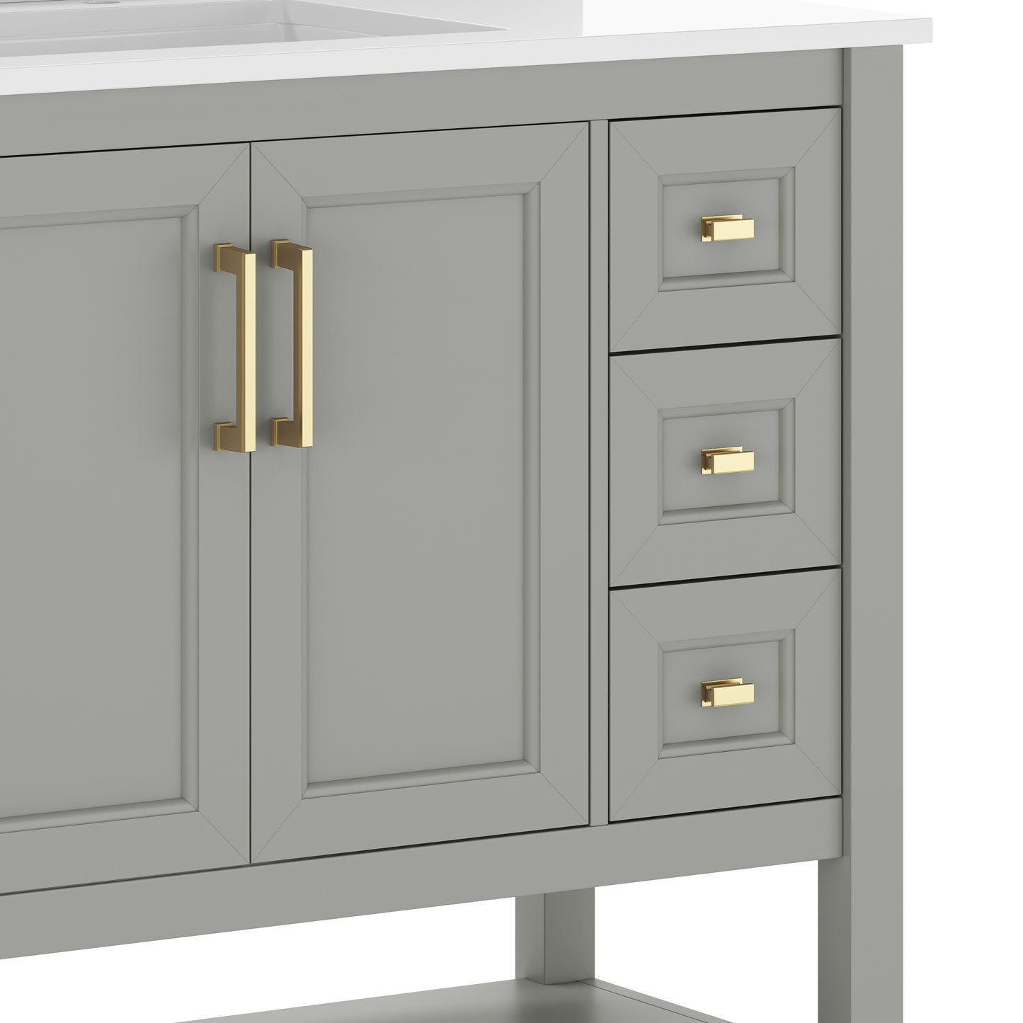 Vega 36" Bathroom Vanity with Sink, Cabinet with Gold Hardware, Soft Close Doors, Open Shelf & 3 Drawers, Carrara Marble Finish Counter, Gray/White