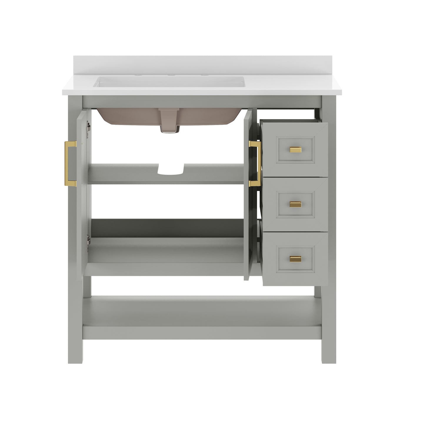 Vega 36" Bathroom Vanity with Sink, Cabinet with Gold Hardware, Soft Close Doors, Open Shelf & 3 Drawers, Carrara Marble Finish Counter, Gray/White