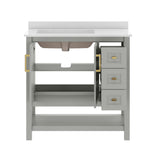 Vega 36" Bathroom Vanity with Sink, Cabinet with Gold Hardware, Soft Close Doors, Open Shelf & 3 Drawers, Carrara Marble Finish Counter, Gray/White