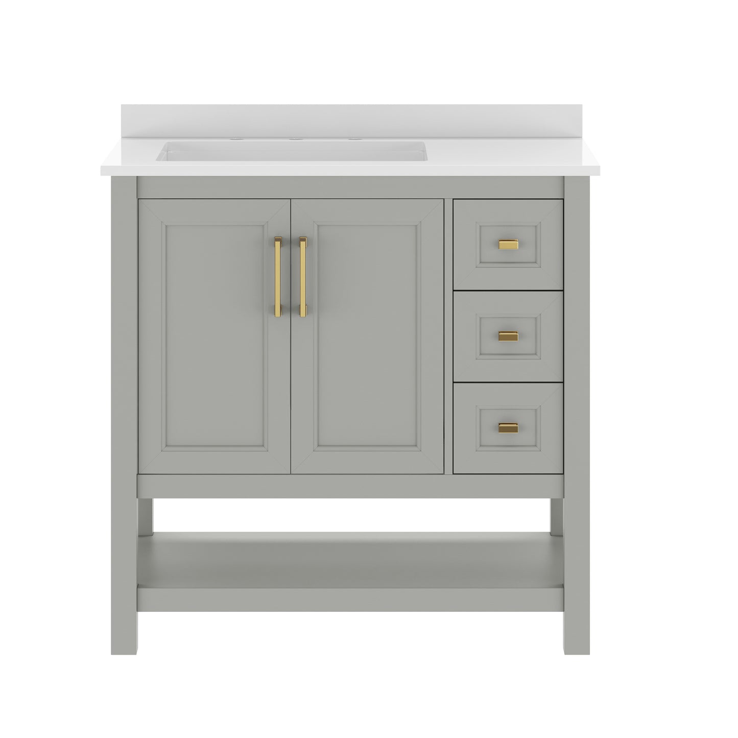 Vega 36" Bathroom Vanity with Sink, Cabinet with Gold Hardware, Soft Close Doors, Open Shelf & 3 Drawers, Carrara Marble Finish Counter, Gray/White