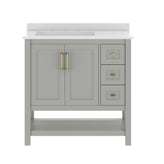 Vega 36" Bathroom Vanity with Sink, Cabinet with Gold Hardware, Soft Close Doors, Open Shelf & 3 Drawers, Carrara Marble Finish Counter, Gray/White
