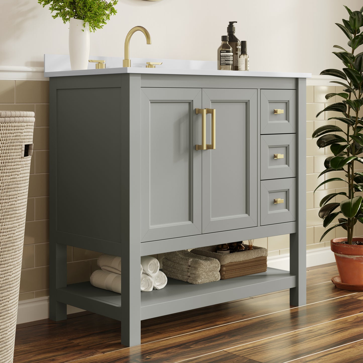 Vega 36" Bathroom Vanity with Sink, Cabinet with Gold Hardware, Soft Close Doors, Open Shelf & 3 Drawers, Carrara Marble Finish Counter, Gray/White