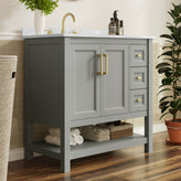 Vega 36" Bathroom Vanity with Sink, Cabinet with Gold Hardware, Soft Close Doors, Open Shelf & 3 Drawers, Carrara Marble Finish Counter, Gray/White