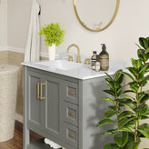 Vega 36" Bathroom Vanity with Sink, Cabinet with Gold Hardware, Soft Close Doors, Open Shelf & 3 Drawers, Carrara Marble Finish Counter, Gray/White