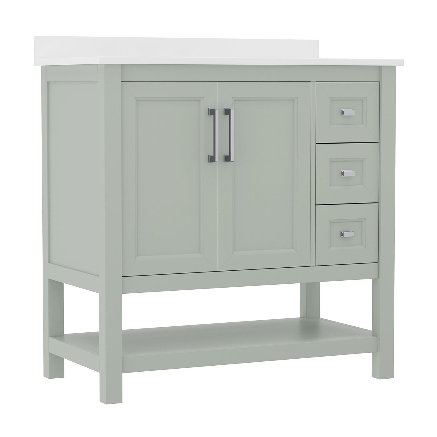 Vega 36 Inch Bathroom Vanity with Sink, Storage Cabinet with Soft Close Doors, Open Shelf and 3 Drawers, Carrara Marble Finish Countertop, Sage