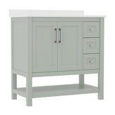 Vega 36 Inch Bathroom Vanity with Sink, Storage Cabinet with Soft Close Doors, Open Shelf and 3 Drawers, Carrara Marble Finish Countertop, Sage